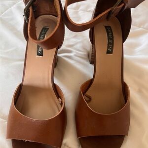 Brown Leather Heels with Ankle Strap and Peep-Toe